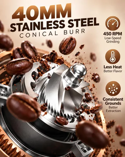 Vista 9 de AMZCHEF Single Dose Coffee Grinder, Low Retention, 75 Settings, Rose Gold