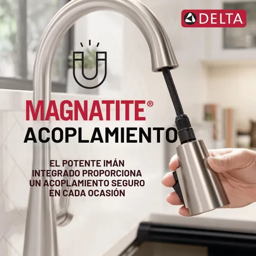 Vista 6 de DELTA Ophelia - Grifo de cocina de oro cepillado con pulverizador extraíble, grifo de fregadero de cocina de un solo agujero moderno, una sola