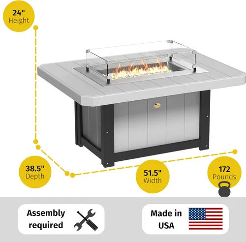 Vista 2 de LuxCraft Mesa rectangular de gas propano de 51 pulgadas para patio al aire libre con protector contra el viento de vidrio templado y cubierta