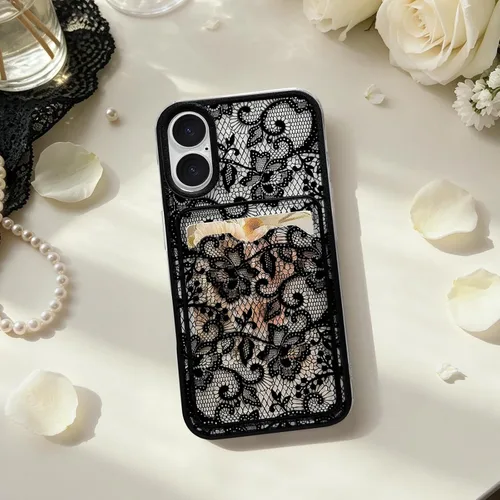 Vista 5 de NITITOP Para iPhone 16 Funda Transparente Linda Flor De Encaje - Flor Negra negro (Black Bloom)