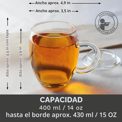 Vista 4 de Creano Vaso de té con infusor y tapa de 13.5 fl oz - Taza de té grande - Apto para microondas y lavavajillas - Set de regalo para tetera de hojas 1