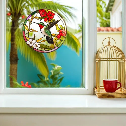 Vista 3 de VOSAREA Adhesivo para ventana de vitrales, diseños de colibríes y pájaros, calcomanías anticolisión, vinilo no adhesivo
