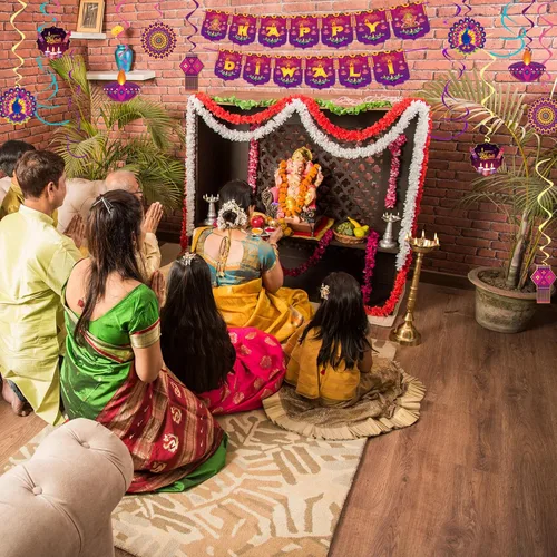 Vista 6 de Diwali Decoraciones – Cartel de Happy Diwali para el hogar, Festival de luces, artículos de decoración de fiesta, Deepavali colgante de remolinos
