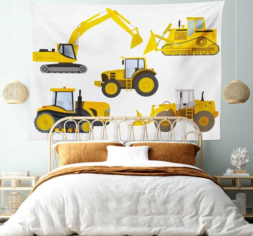 Vista 5 de Lunarable Tapiz de dibujos animados, inspirado en la animación, dibujo de maquinaria pesada, impresión de excavadora, decoración de tela para colgar