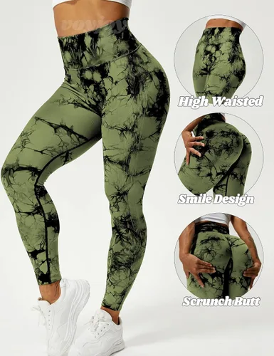Vista 2 de VOYJOY Leggings sin costuras de teñido anudado para mujer pantalones de yoga de cintura alta mallas elásticas con levantamiento de glúteos