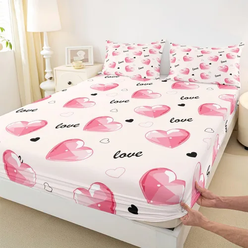 Vista 4 de Juego de sábanas ajustables de corazón rosa tamaño individual para niños y adolescentes, juego de sábanas románticas transpirables para el día