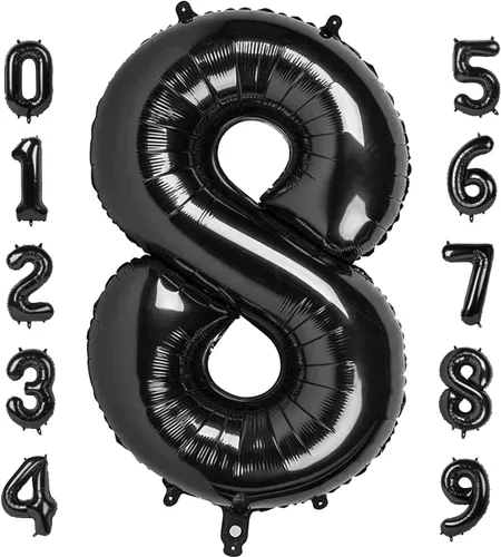 Vista 19 de Globos con números de 40 pulgadas, color negro, para decoraciones de cumpleaños de 10 a 100 años Jumbo 40In & Vibrant Color, With Hanging Holes