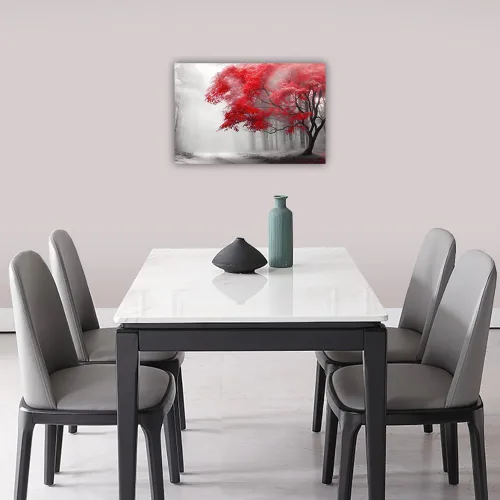 Vista 5 de ZHOUWALLPIC Lienzo de árbol rojo para pared, diseño de bosque rojo y negro, impresiones de imágenes de paisajes de niebla grande, decoración