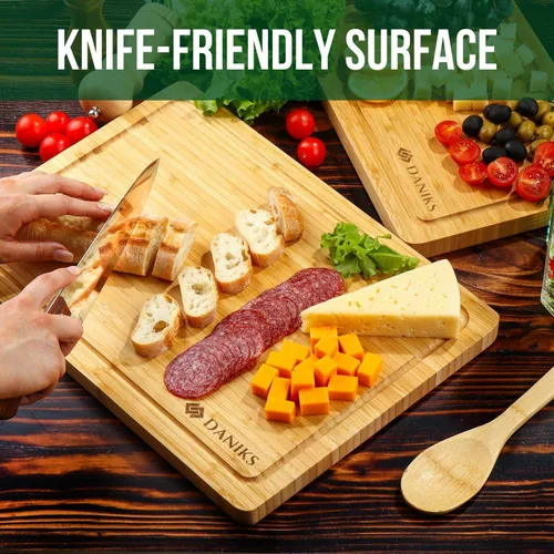 Vista 6 de Daniks Juego de 2 tablas de cortar de bambú con ranura para jugos, XL de 16 x 12 pulgadas y 13 x 9 pulgadas de largo, tablas de cortar para cocina