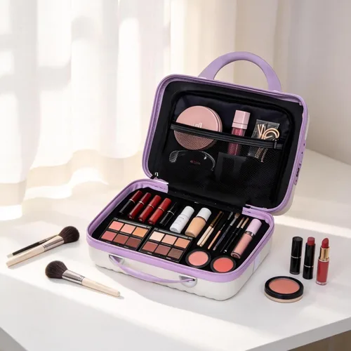 Vista 6 de Estuche de tren de maquillaje de 14 pulgadas, carcasa rígida portátil, estuche de viaje para cosméticos ABS con bloqueo de seguridad, caja