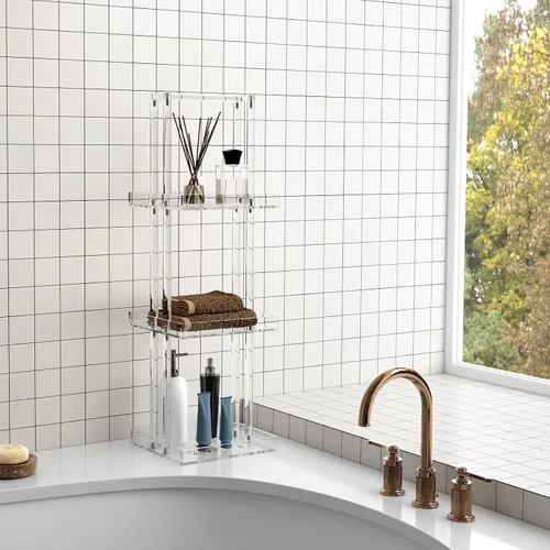 Vista 2 de Aquiver Organizador de ducha de acrílico de pie, soporte organizador de ducha de 3 niveles con asa, organizador de ducha esquinero para baño