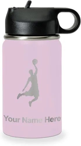 Vista 22 de LaserGram Botella de Agua Personalizada, Basketball Slam Dunk Man, Acero Inoxidable de Doble Pared con Aislamiento al Vacío con Pajita Abatible