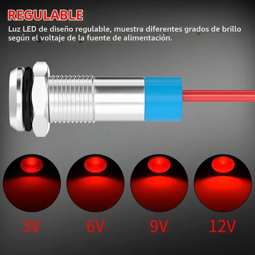 Vista 4 de DaierTek Luz indicadora LED de 12 V, impermeable, luz de señal roja, impermeable, 0.236 in, 1/4 pulgadas, metal, 12 voltios, indicador LED, luz
