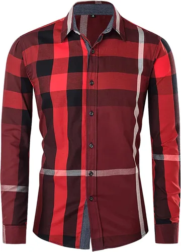 Vista 10 de Camisas Fredd Marshall para hombre, manga larga, ajustadas, 100% algodón a cuadros Negro
