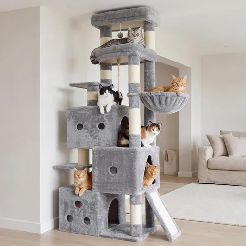 Vista 10 de Heybly Árbol para gatos, torre aerodinámica de 74 pulgadas para gatos grandes con condominios apilados de 3 niveles, muebles para gatos con percha