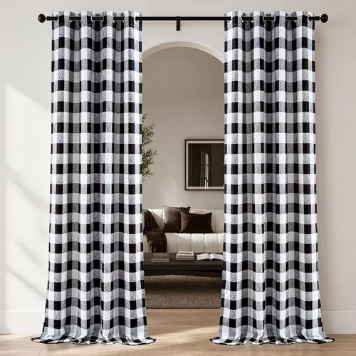 Vista 40 de Cortinas de cuadros de búfalo DriftAway a cuadros negro y blanco extralargas con tratamiento ojo de sargento para dormitorio y sala de estar