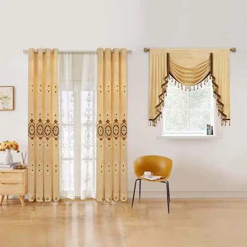 Vista 5 de ELKCA Cenefa de Cascada Jacquard con Cuentas de Lujo Beige Cenefas de Cortinas de Ventana para Sala de Estar, Bolsillo para Varilla, 1 Panel