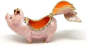 Vista 3 de Mini cerdo de diamantes de imitación esmaltados con alas caja de joyería con bisagras caja de baratijas de cerdito brillante caja de anillos