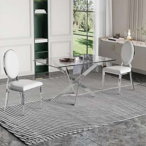 Vista 4 de Mesa de comedor de vidrio de 51 pulgadas, mesa de cocina rectangular para 4-6, mesa de comedor de vidrio moderna con patas de acero inoxidable