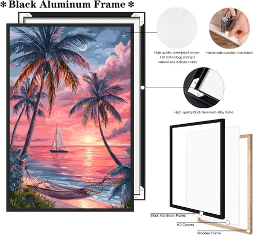Vista 2 de Beach Pictures Wall Art Coastal Cowgirl Room Decor Red sunset beach palm tree poster Preppy Decor Summer Tropical Ocean Art Canvas Print For Teen