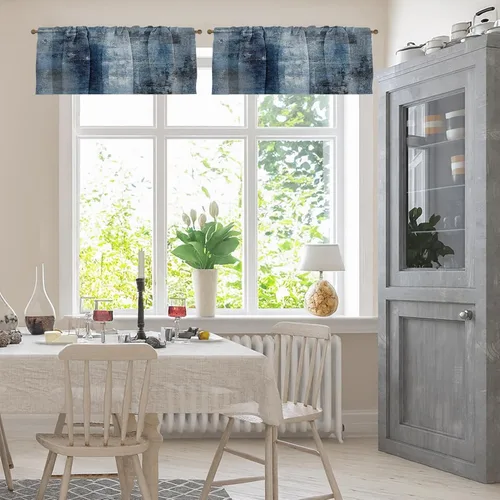Vista 2 de Emvency Paquete de 2 cenefas para ventana, cortinas opacas de arte moderno abstracto azul, cortinas ajustables para ventanas, sala de estar, cocina