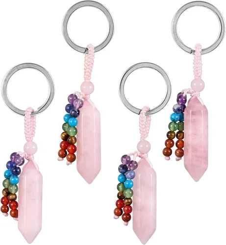 Vista 4 de Llavero de prisma hexagonal de cristal natural con 7 cuentas de cristal de Reiki Chakra Llavero de borla