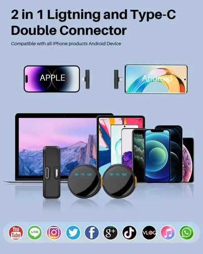 Vista 4 de Caiord Paquete de 2 micrófonos inalámbricos Lavalier para iPhone iPad Android con funda de carga, mini clip/micrófonos magnéticos para grabación
