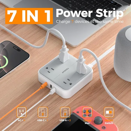 Vista 3 de TESSAN Cable de extensión plano protector de sobretensiones de 1 pie, regleta de enchufe con anillo con 4 tomas, 3 puertos USB (1 USB C), protección