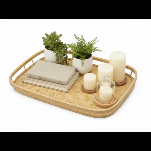 Vista 8 de PEMAR Juego de 4 bandejas de servir de mimbre de bambú para alimentos y bebidas, bandejas rectangulares para desayuno en la cama con asas, bandejas