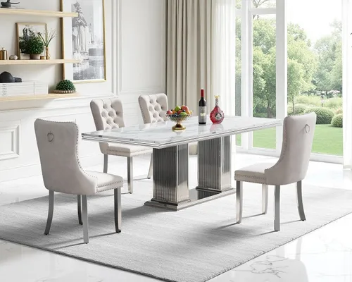 Vista 19 de Juego de mesa de comedor de mármol para 4, mesa de cocina rectangular de mármol negro de 68 pulgadas con base en H de acero inoxidable dorado, juego