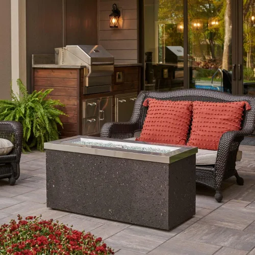 Vista 3 de Outdoor GreatRoom Co - Mesa para fogata de gas Key Largo para patio exterior, mesa rectangular de acero inoxidable de 48 pulgadas, base de estuco