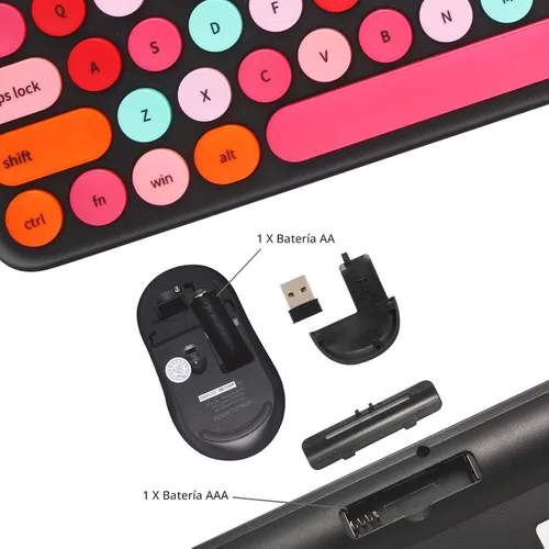 Vista 6 de Combo de teclado y mouse inalámbricos, teclado retro de máquina de escribir con teclas redondas, teclado inalámbrico USB de 2.4 GHz lindo