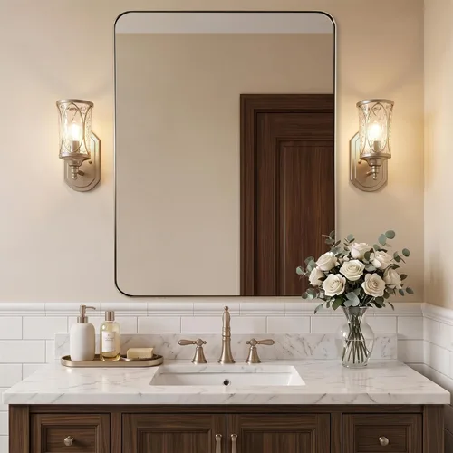 Vista 79 de ANDY STAR Espejo de pared cuadrado para baño, espejo de baño negro mate de 24 x 24 pulgadas, espejo de metal de esquina redondeada en marco de acero