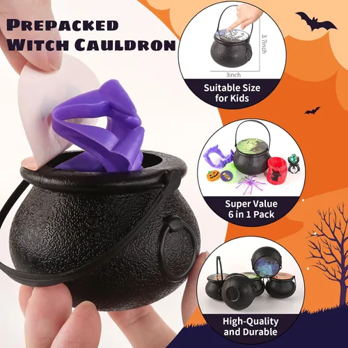Vista 3 de Recuerdos de fiesta de Halloween para niños, paquete de 24 caldero de bruja de plástico prellenado, juguete novedoso a granel, juguetes de Halloween