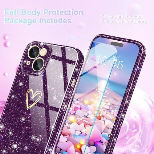 Vista 3 de Funda para iPhone 15, purpurina transparente con [1 protector de pantalla de vidrio templado] Funda protectora delgada y suave de silicona