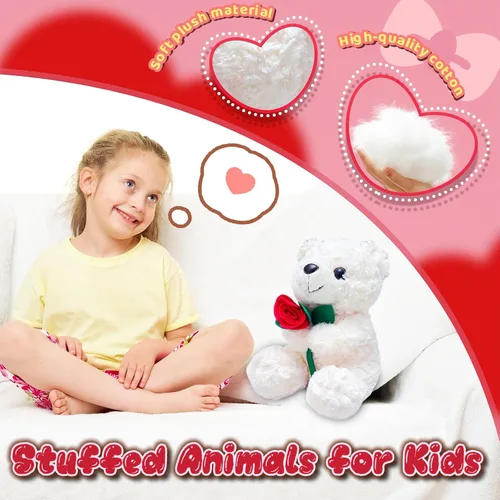 Vista 3 de Oso de peluche blanco de 9.84 pulgadas con flor para niñas y niños, bonito oso de peluche, regalos del día de San Valentín para novia, recuerdos