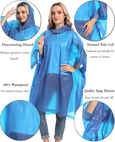 Vista 25 de Ponchos de lluvia reutilizables con capucha con cordón para adultos, abrigo de lluvia grueso impermeable, 2 paquetes