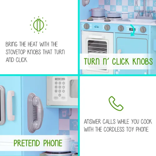 Vista 5 de Juego de cocina infantil Lil' Jumbl, cocina de madera de simulación con pizarra, teléfono de juego, toallero y dispensador de hielo, perillas