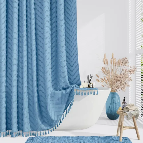 Vista 20 de Dynamene - Cortina de ducha de tela bohemia con rayas con chebrón en relieve, juego de cortina angosta para baño, media cortina impermeable de A.