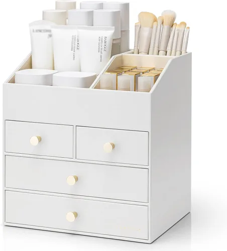Vista 9 de Organizador de maquillaje Vlando, organizador para el cuidado de la piel para tocador, organizador de maquillaje de PU con cajones, estuche