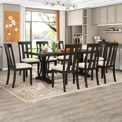 Vista 13 de Juego de comedor retro de 6 piezas, mesa rectangular de madera y 4 sillas con banco para cocina y comedor, color gris cola de milano Cola de milano