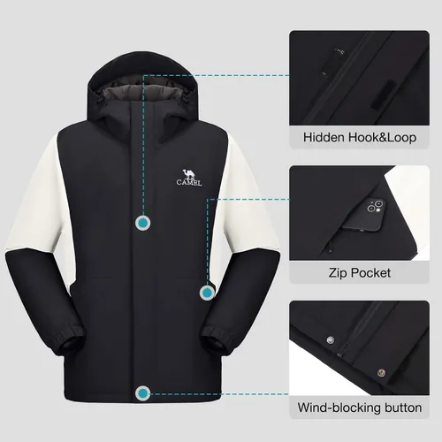 Vista 5 de CAMEL Chaqueta de esquí para hombre, abrigo de invierno, impermeable, chaqueta de snowboard cálida con capucha, parka resistente al viento, ropa