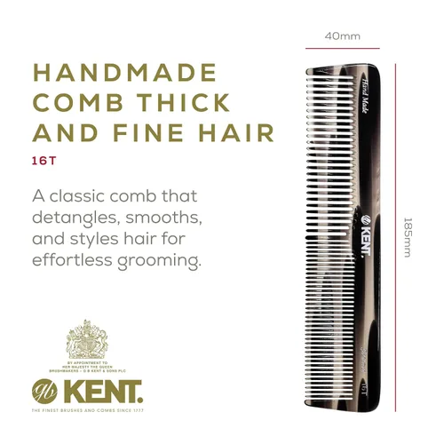 Vista 2 de Kent 16TG Peine de tocador para el cabello, doble diente, grafito fino/ancho para cabello, barba y bigote, peine de peluquería grueso/fino