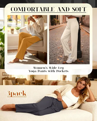 Vista 191 de Neer - Conjunto de 3 pantalones de yoga de pierna ancha para mujer - Pantalones deportivos cómodos, holgados, de cintura alta y casuales