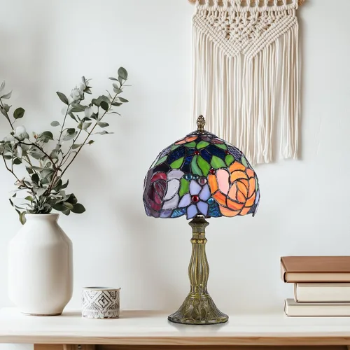 Vista 9 de Tiffany Style Lamp Rose Flower Lámpara de mesa de vidrieras rosa roja 8 x 8 x 14 pulgadas lámpara de escritorio de oficina en casa luces decorar
