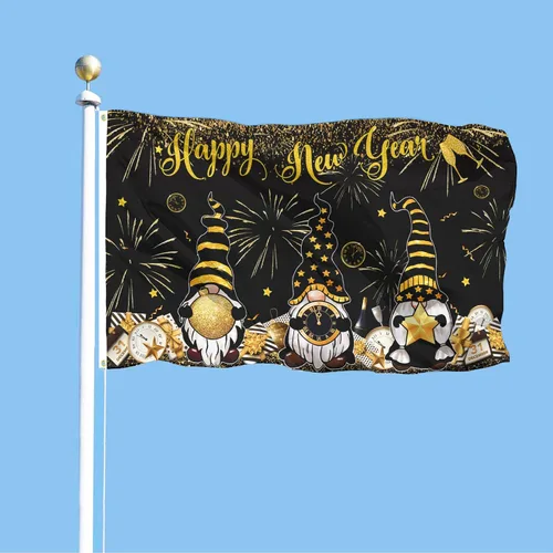 Vista 2 de SENSEVEN Bandera de Feliz Año Nuevo 3x5 Pies Doble Cara, Bandera de Gnomo Dorado, Bandera de Gnomo de Víspera con Reloj y Fuegos Artificiales