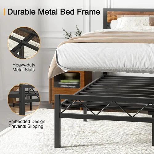 Vista 6 de VECELO Base de cama tamaño individual con cabecero, plataforma resistente con soporte de listones de metal, no necesita somier, fácil montaje, negro