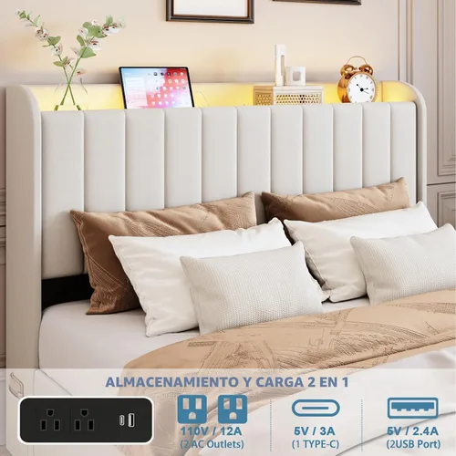 Vista 3 de Marco de cama completa con 4 cajones y cabecera de almacenamiento, marco de cama de plataforma tapizada tamaño completo con luces LED y práctica