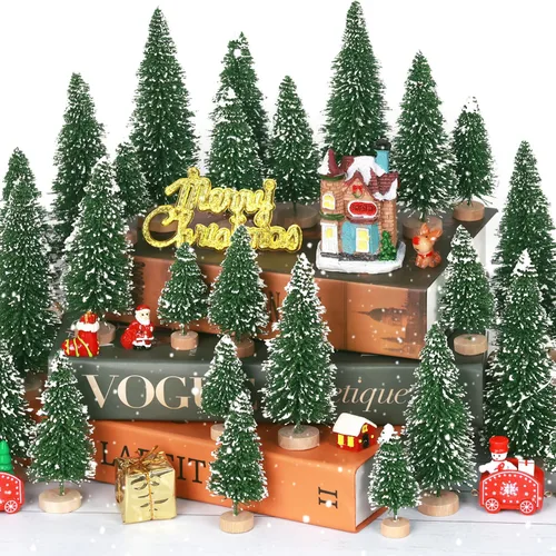Vista 9 de 30 piezas de mini decoración de árbol de Navidad, árbol de Navidad artificial, 5 tamaños, mini árboles de escarcha de nieve de sisal con base