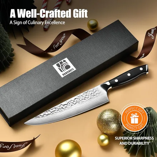 Vista 9 de Cuchillo de chef japonés de acero 7CR13 de 8 pulgadas, mango de madera de Pakka negra con triple remache con proceso de forja extra, regalos
